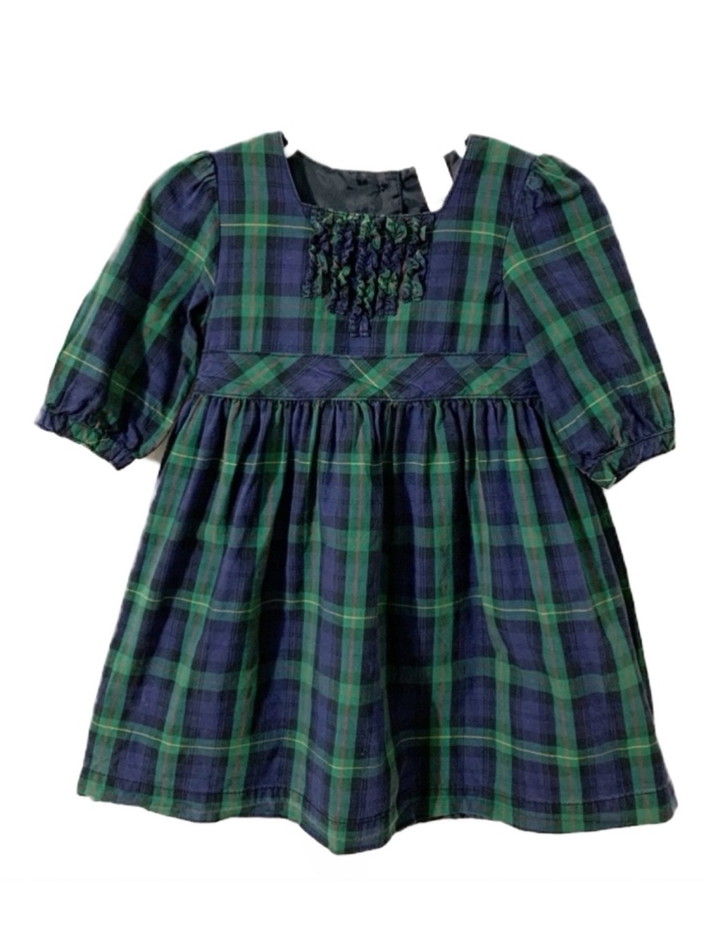 Osh Kosh B’Gosh Lined Tartan Plaid Dress Ruffled Front and Tie Back Adorable